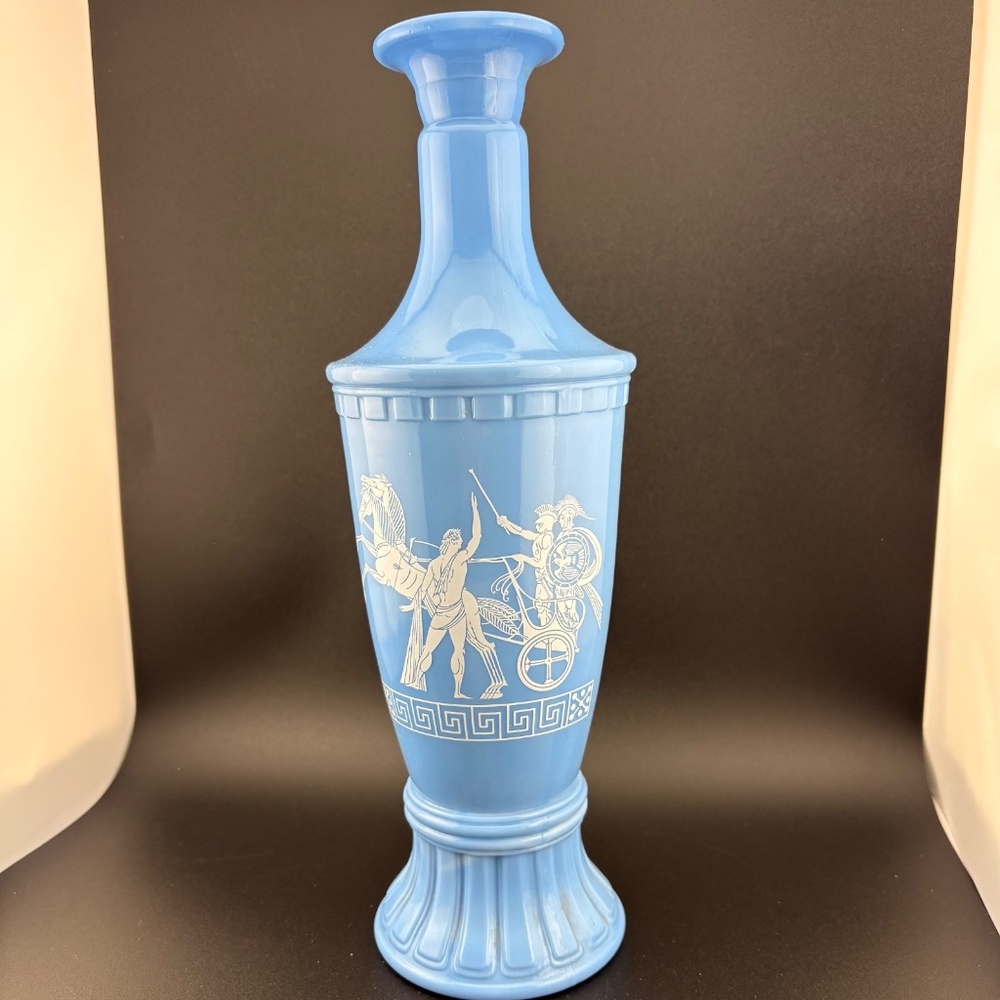Vintage Blue & White Grecian Chariot Bourbon Decanter, 1960, no stopper